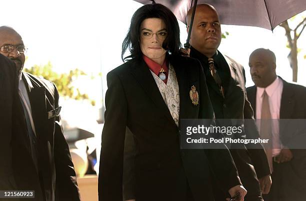 Defendant Michael Jackson arrives for the second day of jury selection in his child molestation trial at the Santa Barbara County Courthouse in Santa...