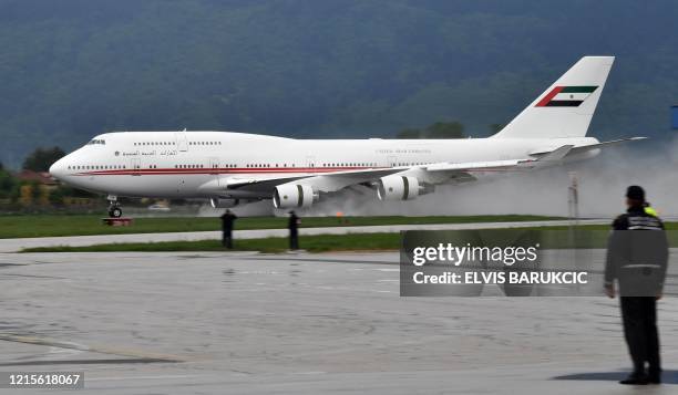 Boeing 747-400 airplane owned by the United Arab Emirates government lands at Sarajevo International Airport, on May 27 carrying a donation of 20...