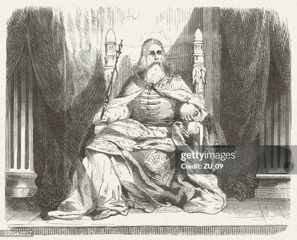 saint stephen, first king of hungary (969-1038), published in 1881 - medieval throne stock illustrations