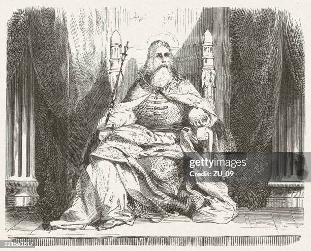 saint stephen, first king of hungary (969-1038), published in 1881 - throne stock illustrations