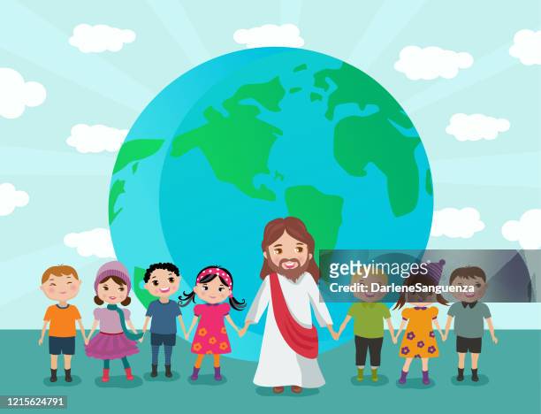 ilustrações, clipart, desenhos animados e ícones de jesus segurando as crianças em todo o mundo. - smiling jesus