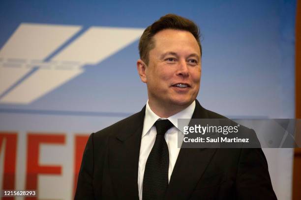 Elon Musk, founder and CEO of SpaceX, participates in a press conference at the Kennedy Space Center on May 27, 2020 in Cape Canaveral, Florida. NASA...
