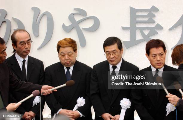 Members of comedian group The Drifters Ken Shimura, Bu Takagi, Koji Nakamoto, Cha Kato speak to the media at press conference prior to the funeral of...