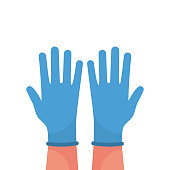 Hands putting on protective blue gloves vector
