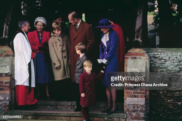 British royals Princess Margaret, Countess of Snowdon , Peter Phillips, Prince Philip, Duke of Edinburgh, Prince William, Prince Harry and Diana,...