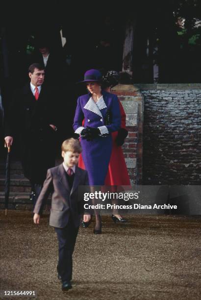 British royals Prince Andrew, Duke of York, Prince William and Diana, Princess of Wales attend the Christmas Day service at St Mary Magdalene Church...