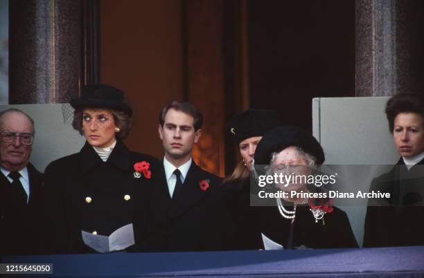 Olav V of Norway , Diana, Princess of Wales , Prince Edward, Sarah, Duchess of York, Queen Elizabeth The Queen Mother and Anne, Princess Royal attend...