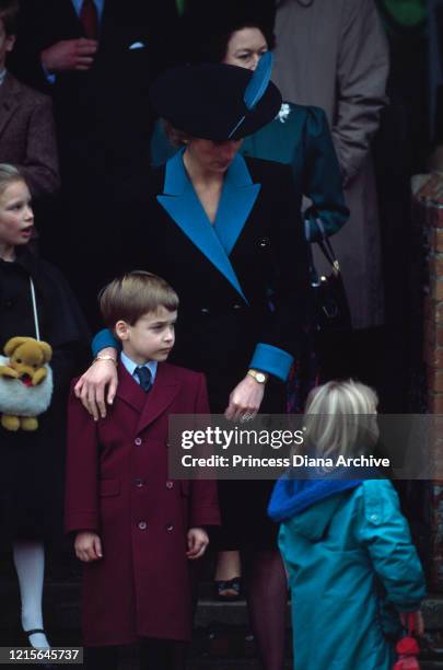 British royals Zara Phillips, Prince William, Diana, Princess of Wales attend the Christmas Day service at St Mary Magdalene Church on the...