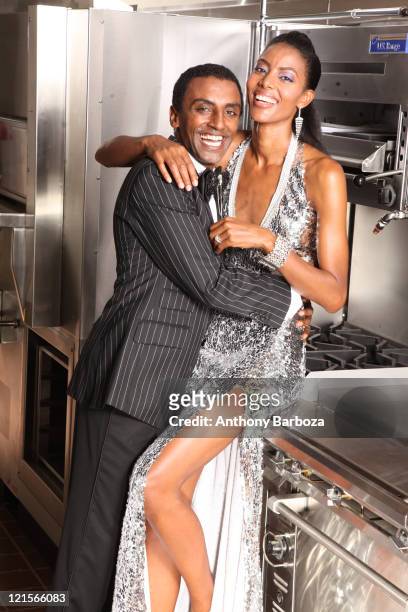 Portrait of Ethiopian-born Swedish chef Marcus Samuelsson and his wife, model Maya Haile, as they pose together in a restaurant kitchen, 2010.