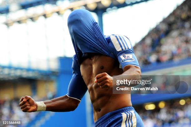 Nicolas Anelka of Chelsea celebrates after scoring his team's first goal during the Barclays Premier League match between Chelsea and West Bromwich...