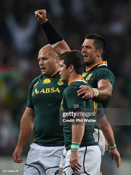 Pierre Spies of the Springboks celebrates on full time during the Tri Nations Test match between the South African Springboks and the New Zealand All...
