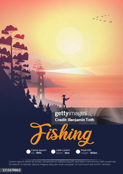 seashore poster at night with lighthouse and fisherman - lake logo stock illustrations