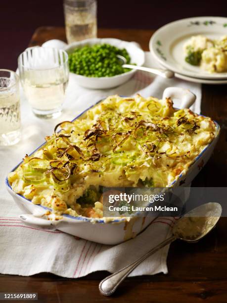 fish and leek pie - poireau photos et images de collection