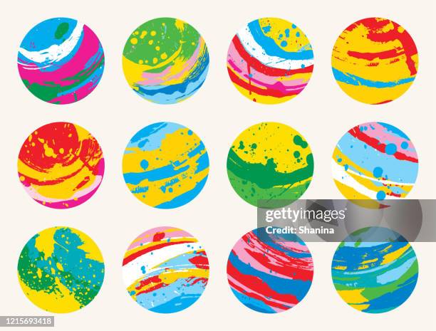 set of satellites and planets paintbrush circles - dynamic icon set stock illustrations