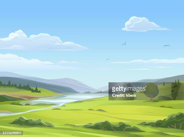 illustrazioni stock, clip art, cartoni animati e icone di tendenza di paesaggio rurale tranquillo - nube