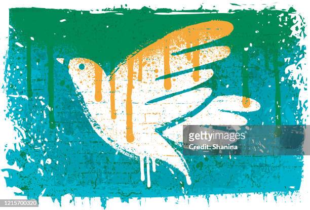 peace dove stencil on textured wall - graffiti mural stock illustrations