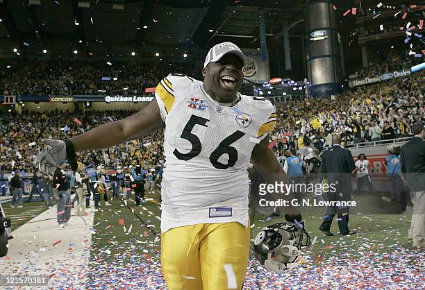 Chukky Okobi of the Pittsburgh Steelers celebrates after winning Super Bowl XL Between the Pittsburgh Steelers and the Seattle Seahawks at Ford Field...