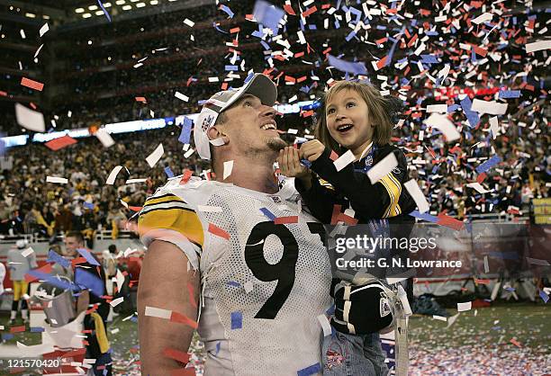 Aaron Smith of the Pittsburgh Steelers celebrates after winning Super Bowl XL Between the Pittsburgh Steelers and the Seattle Seahawks at Ford Field...