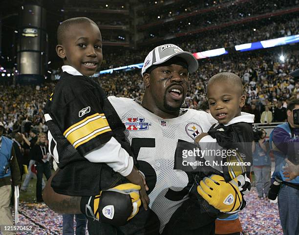 Joey Porter of the Pittsburgh Steelers celebrates after winning Super Bowl XL Between the Pittsburgh Steelers and the Seattle Seahawks at Ford Field...