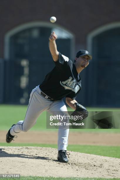 Josh Beckett of the Florida Marlins pitches during the first inning of the NLDS Game 1 at Pac Bell Park in San Francisco, Ca.