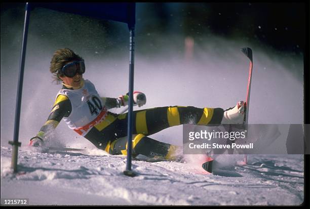 AINHOA IBARRAH OF SPAIN TAKES A FALL DURING THE WOMENS GIANT SLALOM EVENT AT THE 1988 WINTER OLYMPICS HELD IN CALGARY.