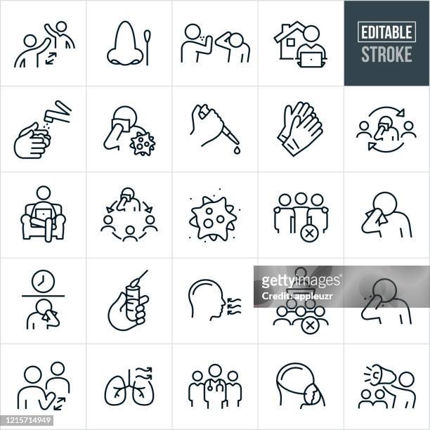 ilustraciones, imágenes clip art, dibujos animados e iconos de stock de iconos de línea fina de enfermedad viral - trazo editable - síntoma