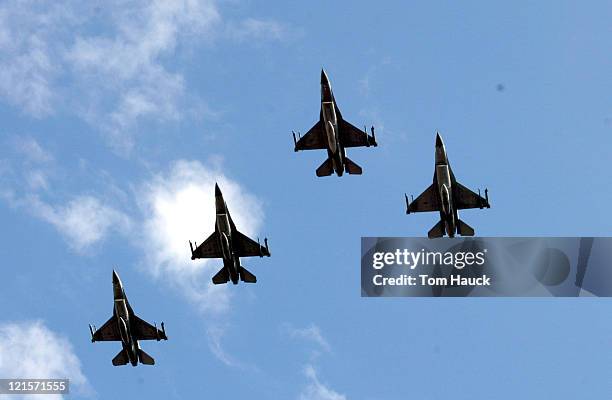Air force F-16 fighter jets do a fly over during the NASCAR Winston Cup Series Checker Auto Parts 500 at Phoenix International Raceway in Phoenix,...