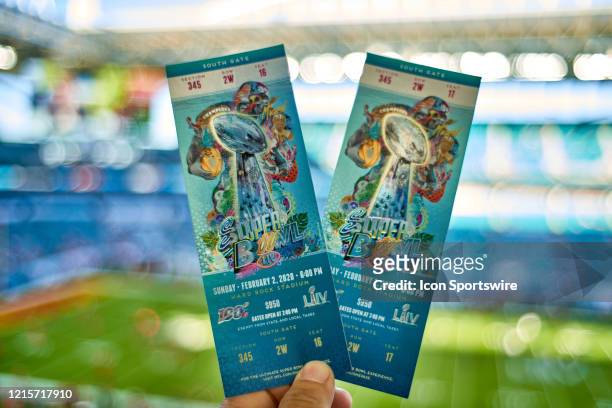 Detail view of the official Super Bowl ticket's is seen held by a fan in game action during the Super Bowl LIV game between the Kansas City Chiefs...