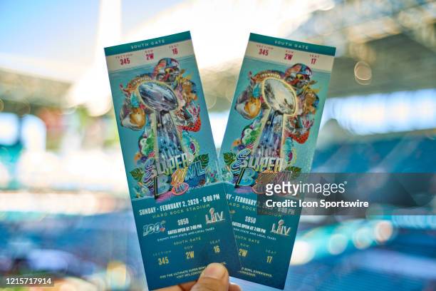 Detail view of the official Super Bowl ticket's is seen held by a fan in game action during the Super Bowl LIV game between the Kansas City Chiefs...