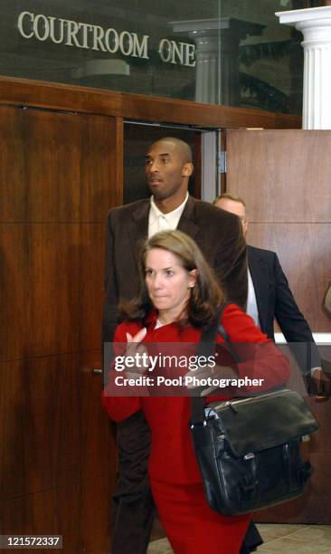 Pamela Mackey, Kobe Bryant's attorney and Kobe Bryant leave courtroom one in the Eagle County Courthouse