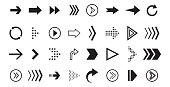 Arrow vecor icon. Black graphic pointer for direction, sign forward and down, around. Navigation cursor collection for app, computer. Set of flat linear arrows for download. vector illustration