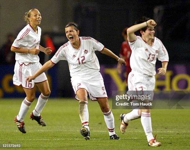 Chistine Sinclair of Canada celebrates Canada's victory with teammates after pulling off a 1-0 win over Chinain The 2003 Women's World Cup...