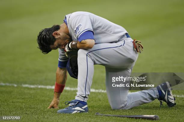 Nomar Garciaparra of the Dodgers prior to action between the Los Angeles Dodgers and St. Louis Cardinals at Busch Stadium in St. Louis, Missouri on...