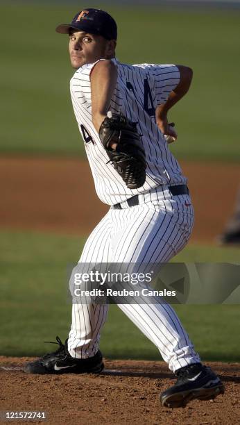 Cal State Fullerton Titans pitcher Lauren Gagnier delives to the plate versus the Cal.-Poly Mustangs at Goodwin Field, Fullerton, California, May 20,...