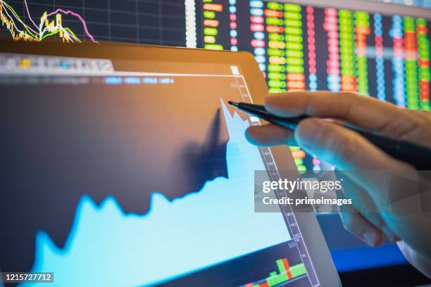 gráfico de acciones de análisis de empresarios en crisis covid-19 para inversión en acciones de mercado de valores y finanzas de planificación de acciones selectivas para desplome bursátil y crisis financiera - mining natural resources fotografías e imágenes de stock