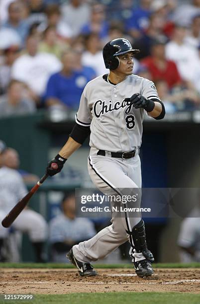 Alex Cintron of the White Sox watches a home run sail over the fence during action between the Chicago White Sox and Kansas City Royals at Kauffman...