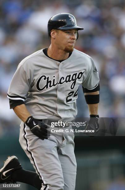 Joe Crede of the White Sox heads to first base during action between the Chicago White Sox and Kansas City Royals at Kauffman Stadium in Kansas City,...