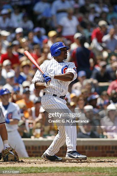Jacque Jones of the Cubs at the plate during action between the Atlanta Braves and Chicago Cubs at Wrigley Field in Chicago, Illinois on May 28,...
