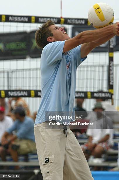 Hans Stoflus bumps the ball during the second round of the local qualifier of the AVP Manhattan Beach Open in Manhattan Beach, California on June 4,...