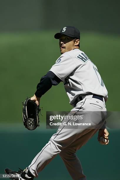 Pitcher Shigetoshi Hasegawa of the Seattle Mariners pitches during the 7th inning against the Kansas City Royals at Kauffman Stadium on April 13,...