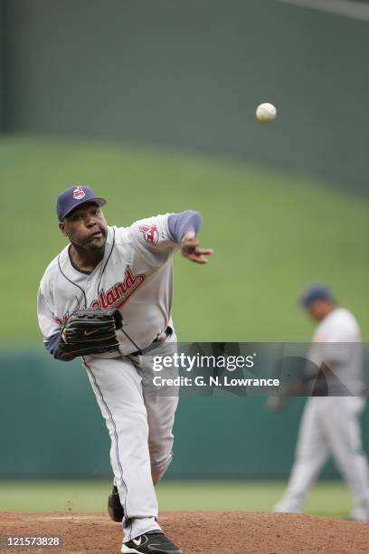 Arthur Rhodes of the Cleveland Indians took the loss against the Kansas City Royals on April 19, 2005 at Kauffman Stadium in Kansas City, Mo. The...