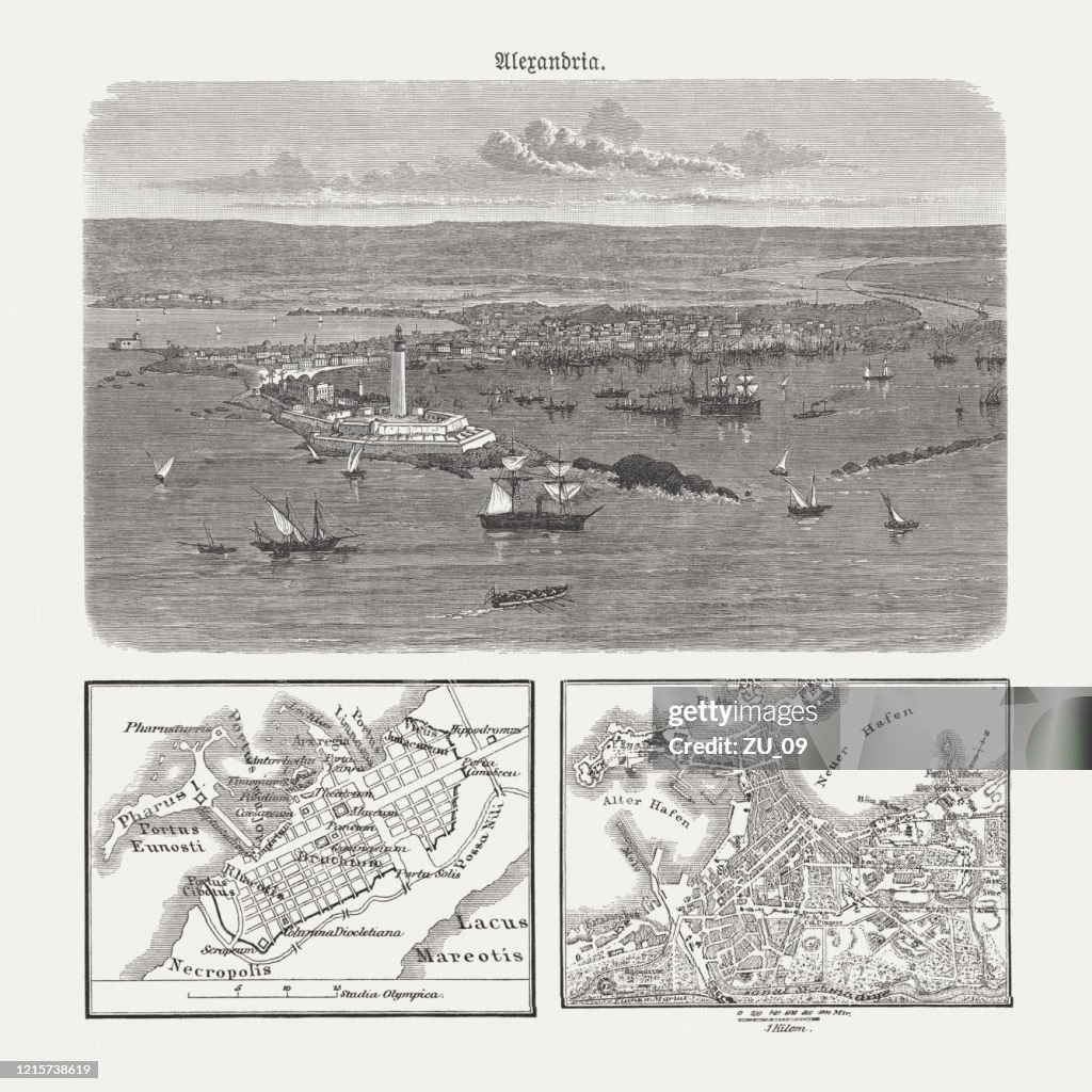 Historical view and city maps of Alexandria, Egypt, woodcuts, 1893