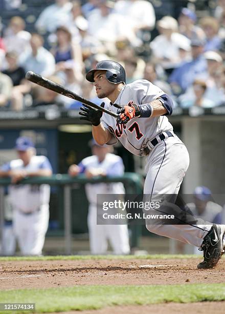 Ivan Rodriguez of the Detroit Tigers in action against the Kansas City Royals on April 17, 2005 at Kauffman Stadium in Kansas City, Missouri. Detroit...
