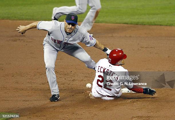 David Eckstein steals 2nd base as Jose Valentine can't make the catch during game 5 action of the NLCS between the New York Mets and St. Louis...