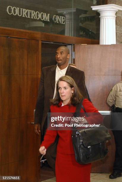 Pamela Mackey, Kobe Bryant's attorney, and Kobe Bryant leave courtroom one in the Eagle County Courthouse