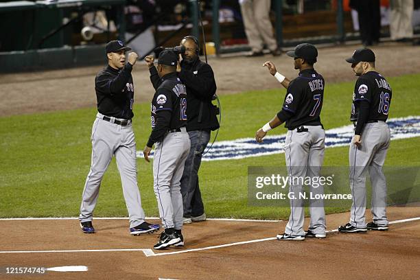 Carlos Beltran of the Mets is greeted during player introductions prior to game 3 of the NLCS between the New York Mets and St. Louis Cardinals at...