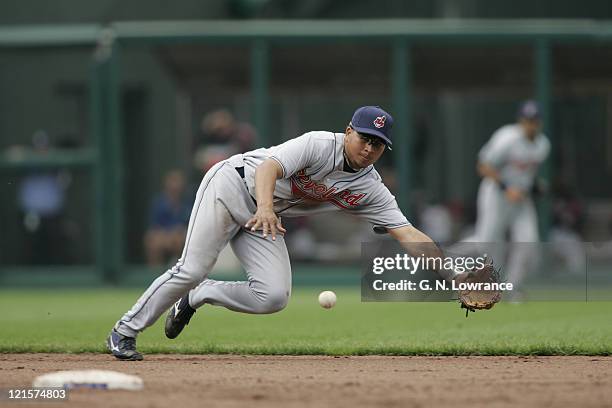 Shortstop Jhonny Peralta of the Cleveland Indians in action against the Kansas City Royals on April 19, 2005 at Kauffman Stadium in Kansas City, Mo....