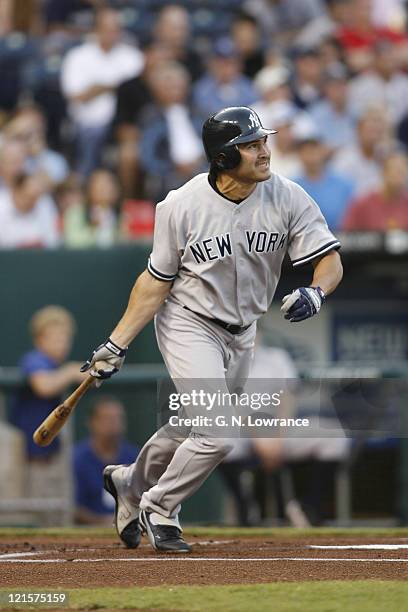 Yankees outfielder Johnny Damon of the New York Yankees at the plate during action against the Kansas City Royals at Kauffman Stadium in Kansas City,...