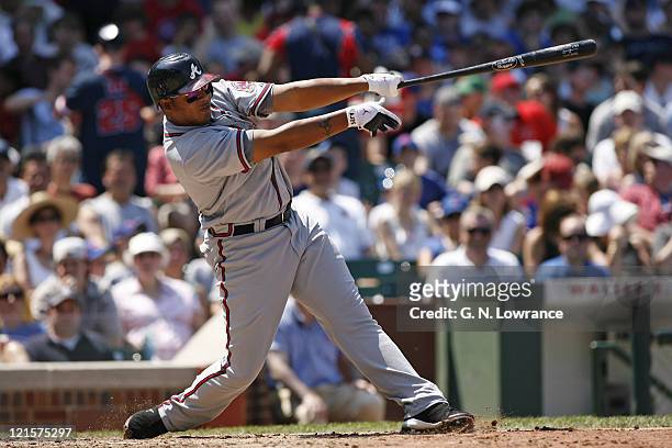 Andruw Jones of the Braves at the plate during action between the Atlanta Braves and Chicago Cubs at Wrigley Field in Chicago, Illinios on May 28,...