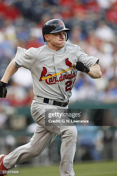 David Eckstein of the Cardinals runs to first base during action between the St. Louis Cardinals and Kansas City Royals at Kauffman Stadium in Kansas...